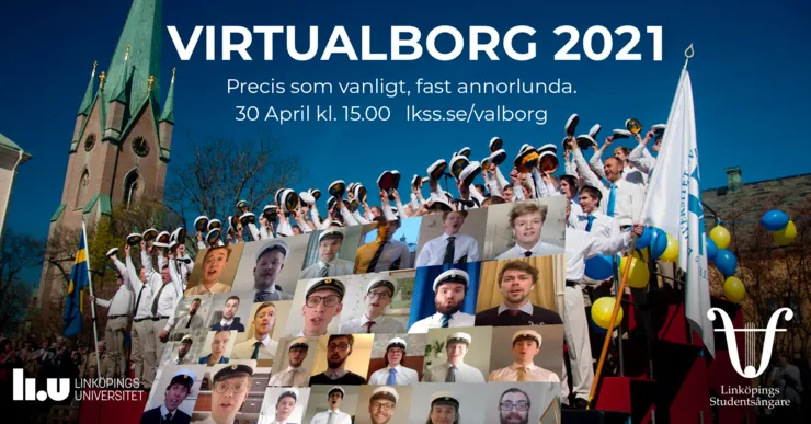 Bild som visar ett traditionellt valborgsfirande i bakgrunden och ett digitalt i förgrunden.