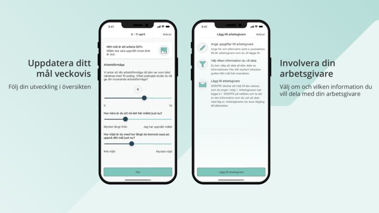 Illustration som visar två mobiltelefoner med två vyer från appen SWEPPE. På den ena telefonens skärm visas en veckoperiod och olika reglage som berör arbetsförmåga. På den andra skärmen visas information om att lägga till arbetsgivare. Vid sidan av telefonerna står rubrikerna 