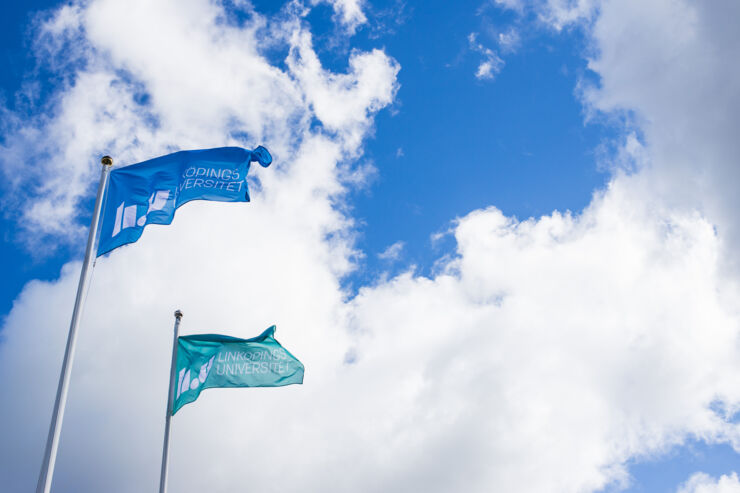 Flags with LiU-logo against blue sky with clouds