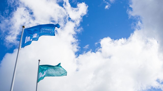 Flags with LiU-logo against blue sky with clouds