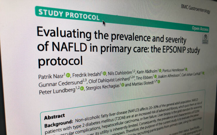 Photo of screen showing the article Evaluating the prevalence and severity of NAFLD in primary care: the EPSONIP study protocol