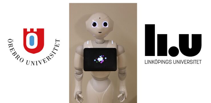 A robot stands between the logos for Linköping and Örebro Universitys.