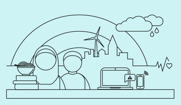 Linjerad illustration på 2 människor, skål med nudlar, dator, regnbåge, stadssiluett, vindkraftsverk, moln, regn, böcker, mobil, samhällsberedskap, vård, hjärta.