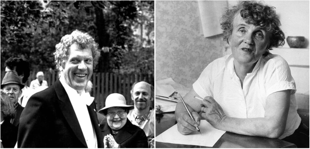 Kollage med två svartvita bilder. Till vänster Tage Danielsson i smoking leendes mot kameran. Till höger Moa Martinson vid sitt skrivbord med en penna i handen.