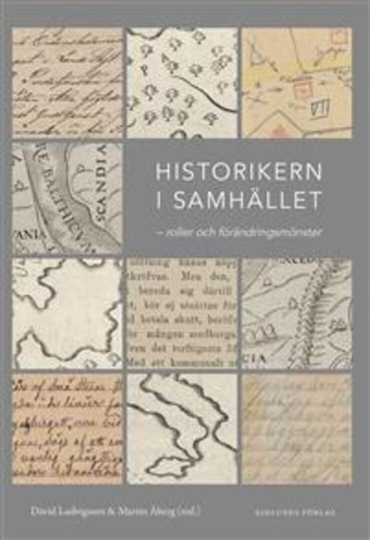 Ett svart bokomslag med mindre rektangulära bilder på gamla kartor och skrifter.