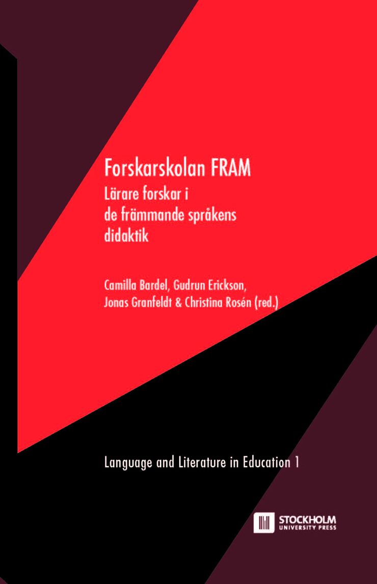 Rött och svart bokomslag med texten Forskarskolan FRAM – lärare forskar i de främmande språkens didaktik.