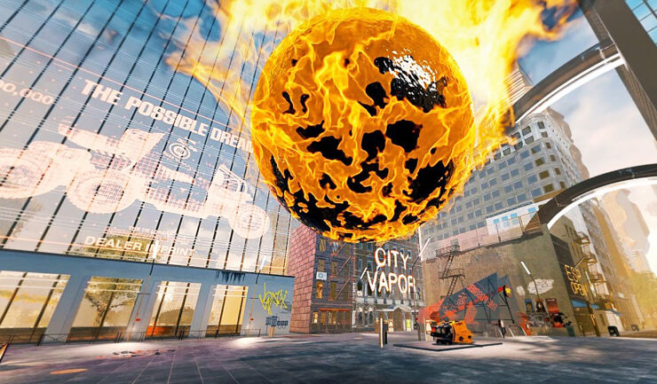 A big fire ball is about to hit the ground in an urban setting