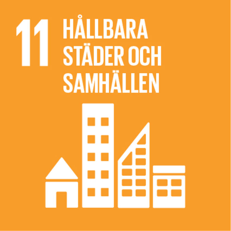 Illustration av en stad mot en orange bakgrund. Siffrorna 11 visar att det är globala målet nummer 11.