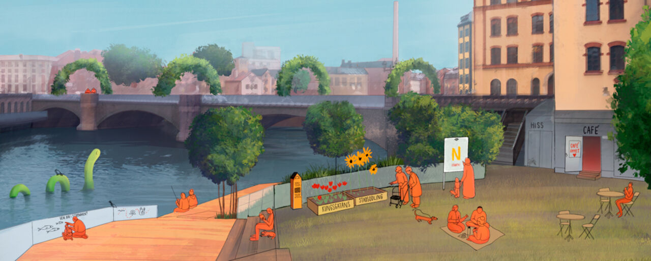 An illustration of Norrköping by Motala ström with people moving around in the environment