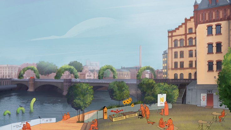 Illustration of Norrköping by Motala ström and people in the environment