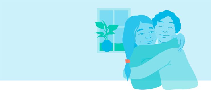 Illustration of two teenagers hugging