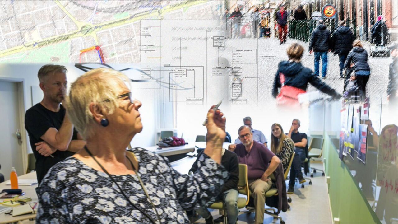 Collage of city map, people in a city setting and people in a meeting