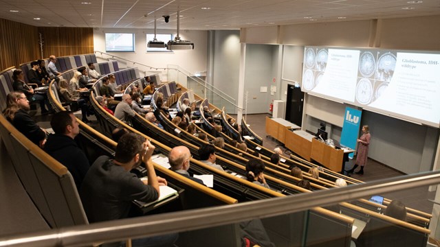 Översiktlig bild av Hasselquistsalen där publiken lyssnar till ett föredrag under LiU Cancer Retreat 2021.