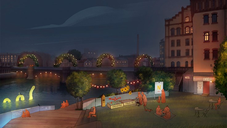 En bild som visar ett koncept där en park med ett mysigt kafé ligger bredvid nära Kungsgatan i Norrköping.