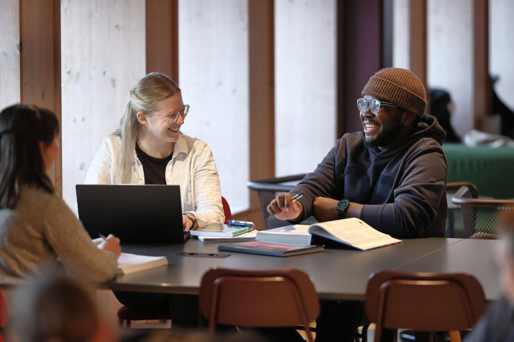 Tre studenter sitter och pluggar och diskuterar på biblioteket på Campus Valla.