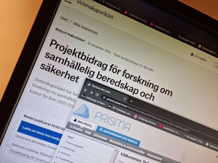 En bild på Vetenskapsrådets webbsida som talar om beslut om projektbidrag för forskning om samhällelig beredskap och säkerhet.