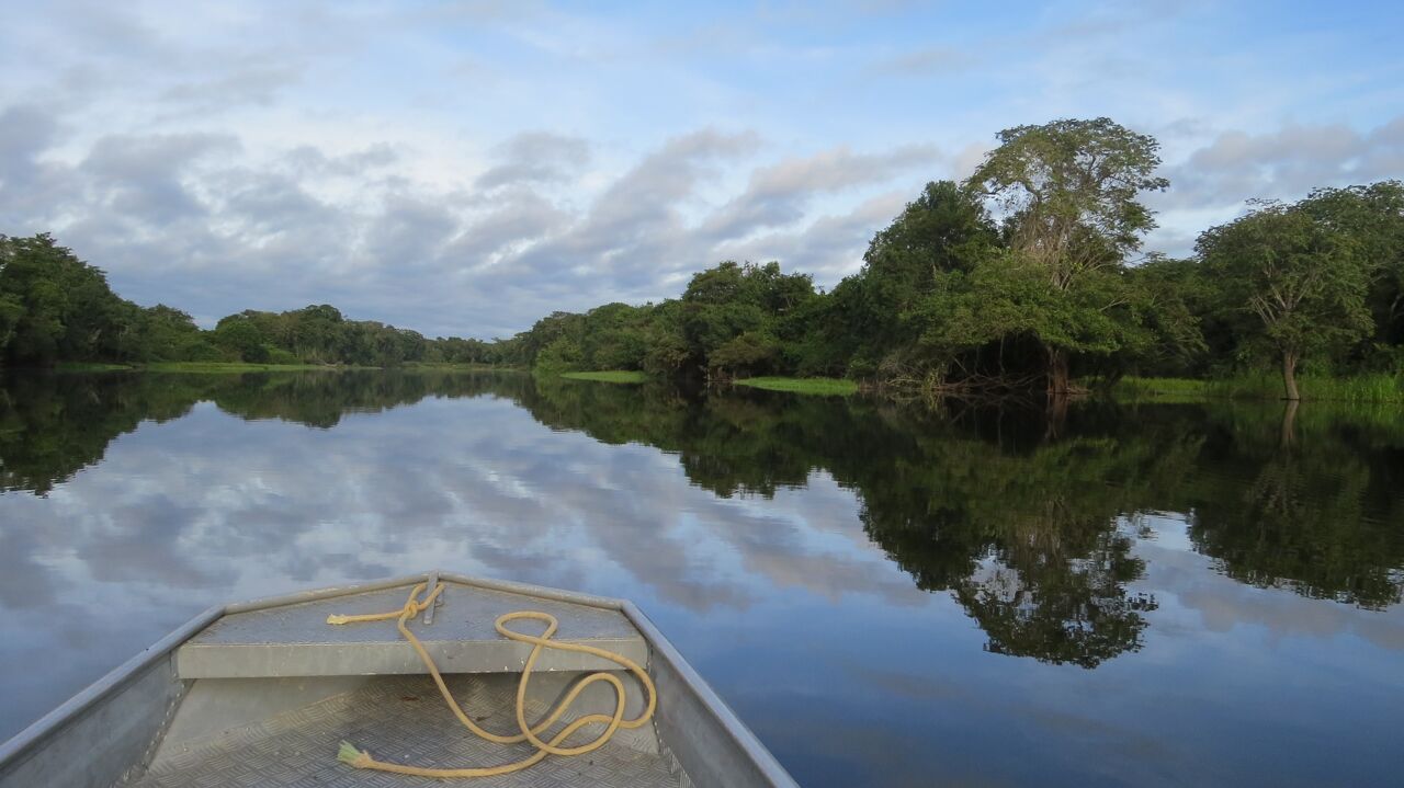 Liten båt på flod i Amazonas.