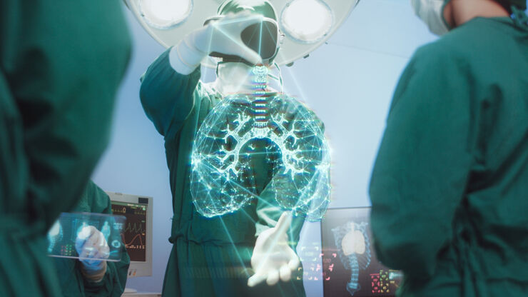 Image showing surgeons using AI to see disease status.
