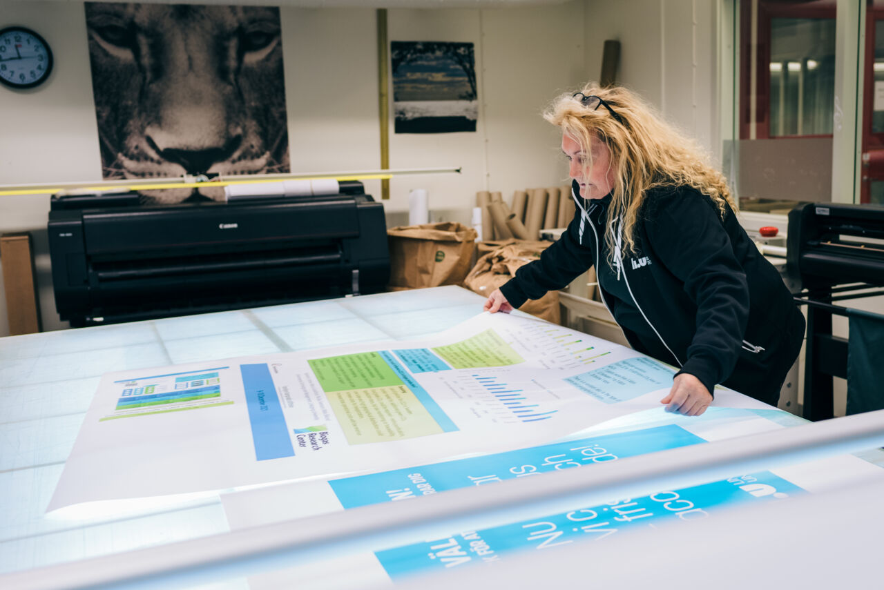 Kvinna visar vetenskaplig poster.