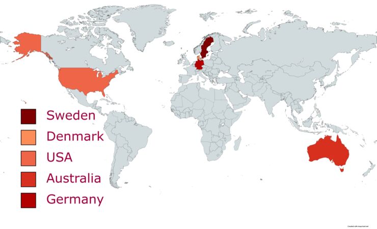 Karta över världen där länderna Sverige, Danmark, USA, Australien och Tyskland är markerade. I dessa länder har forskargruppen PRIO samarbetspartners.