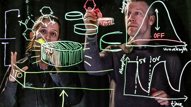 Akchheta Karki och Magnus Jonsson, två forskare bakom en glasskiva med figurer som visar hur antennerna kan styras.