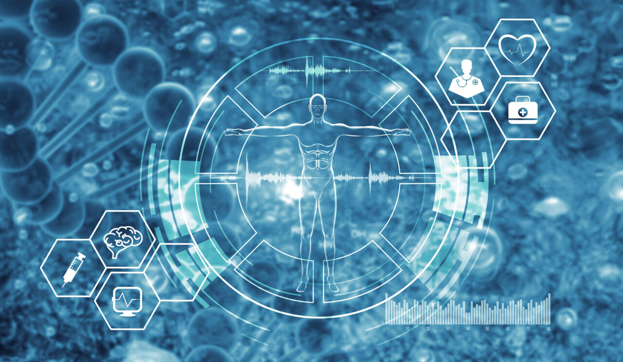 Illustration med en människa i mitten, runt människan är olika symboler för sjukvård till exempel ett hjärta. Bakgrunden är blå.