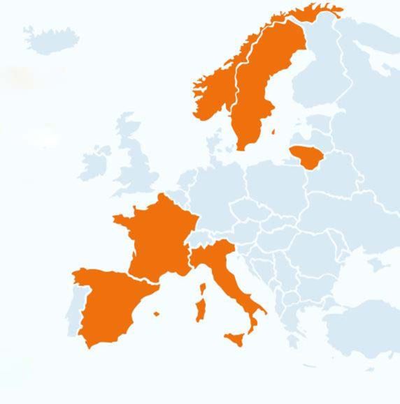 Europa karta med orange markerade länder som deltar i projektet