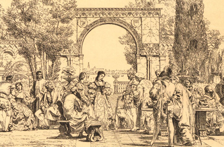 Illustration. Scen på en terrass med en grupp människor i 1500-talskostym, med en kvinna som möts av en grupp män.