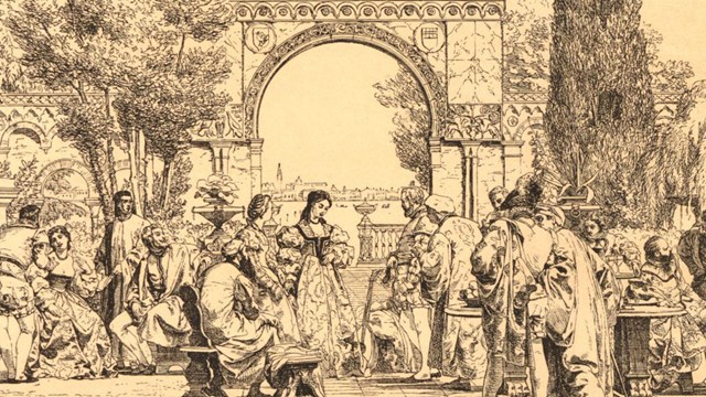Illustration. Scen på en terrass med en grupp människor i 1500-talskostym, med en kvinna som möts av en grupp män.