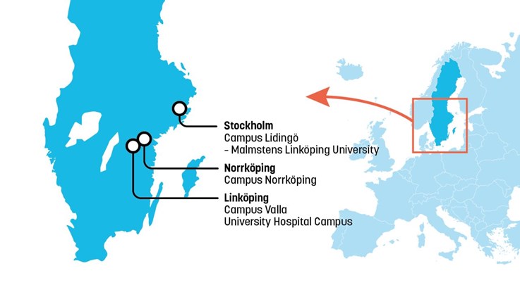 Map of Europe with Sweden highlighted, and a section of the map showing an enlargement of southern Sweden. Three Swedish cities are shown with dots and text: Stockholm, Campus Lidingö - Malmstens Linköping University; Norrköping, Campus Norrköping; and Linköping, Campus Valla and University Hospital Campus (US).