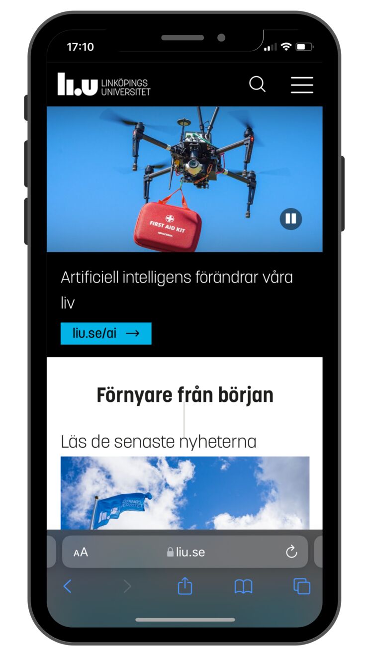 LiU:s webbplats visas som mobilbild.