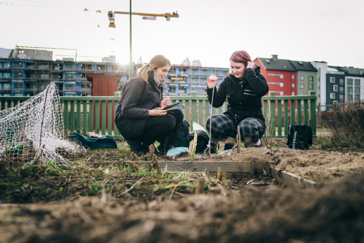 Two young women collecting samples in a urban garden in front of city houses.