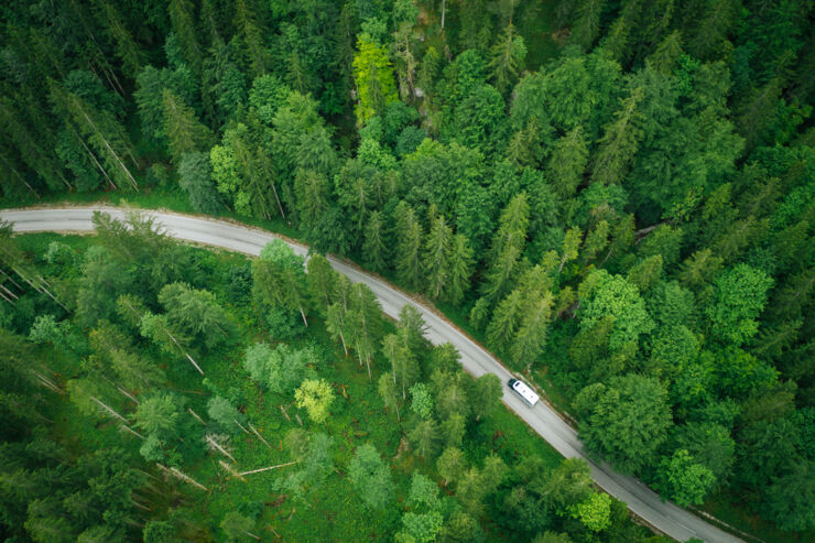 Flygperspektiv på en bil som kör ner en väg genom skogen