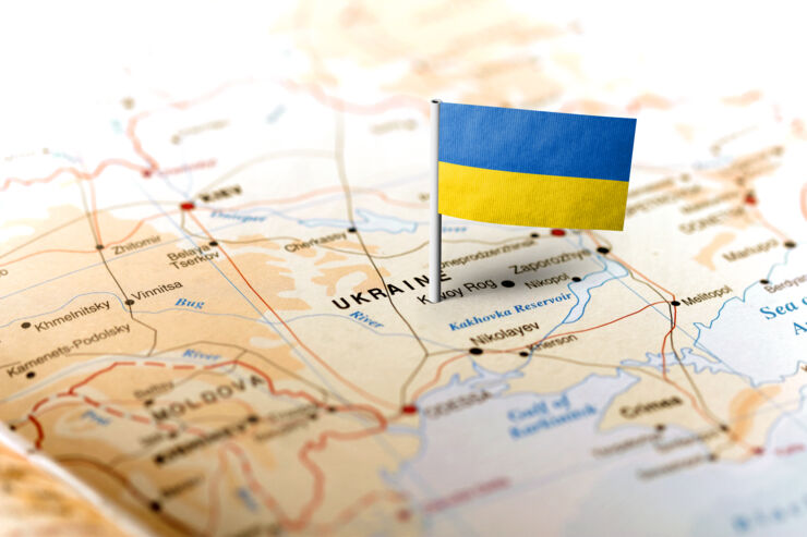 Map of Ukraine marked with a flag