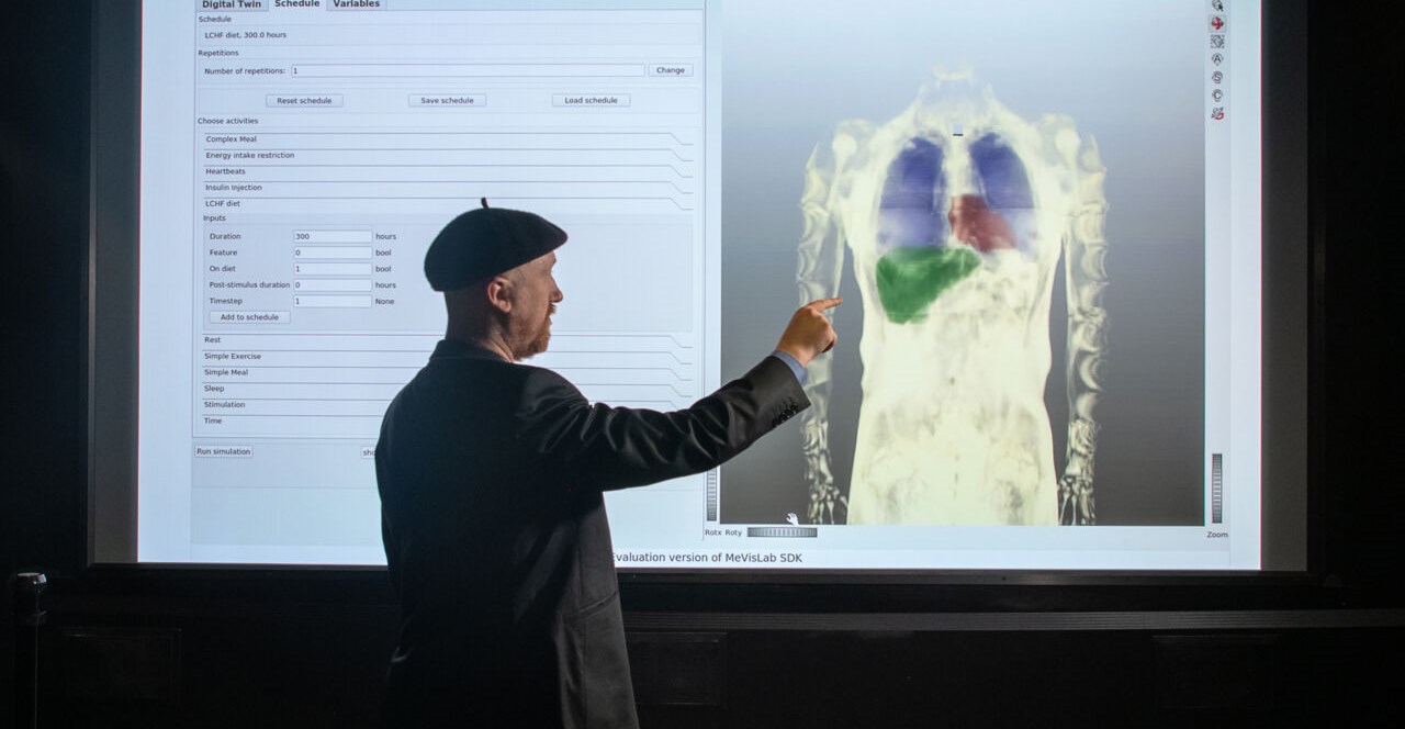 Gunnar Cedersund framför bild som illustrerar modellerna av olika organ.