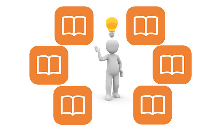 A figure with a light bulb above its head, surrounded by icons in the shape of an open book.