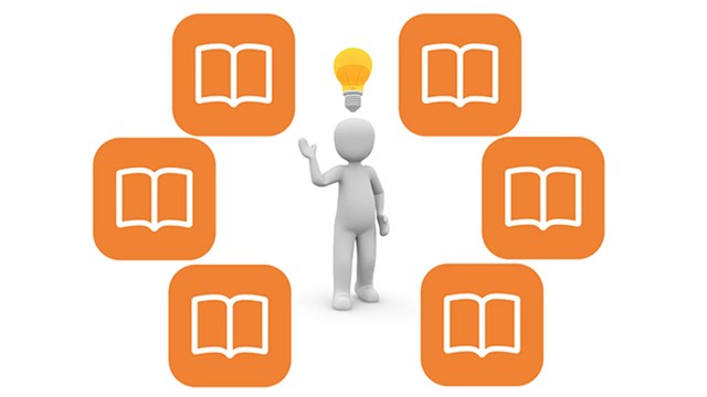 A figure with a light bulb above its head, surrounded by icons in the shape of an open book.