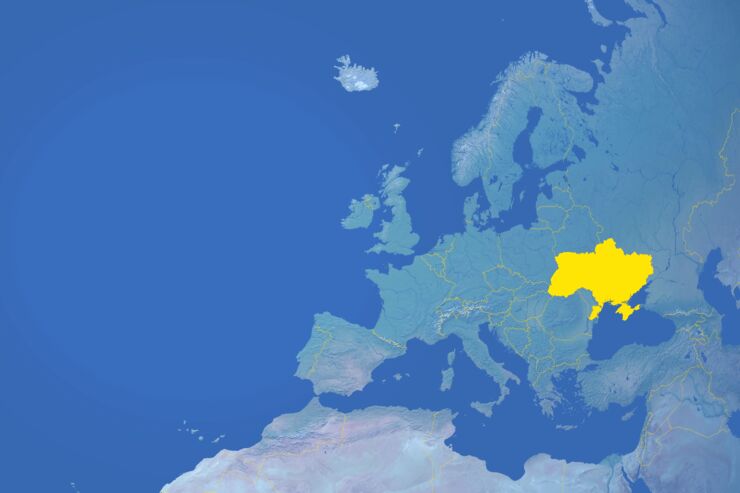 Map over Europe with Ukraine in yellow.