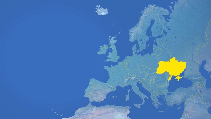 Karta över Europa med Ukraina markerat i gult.