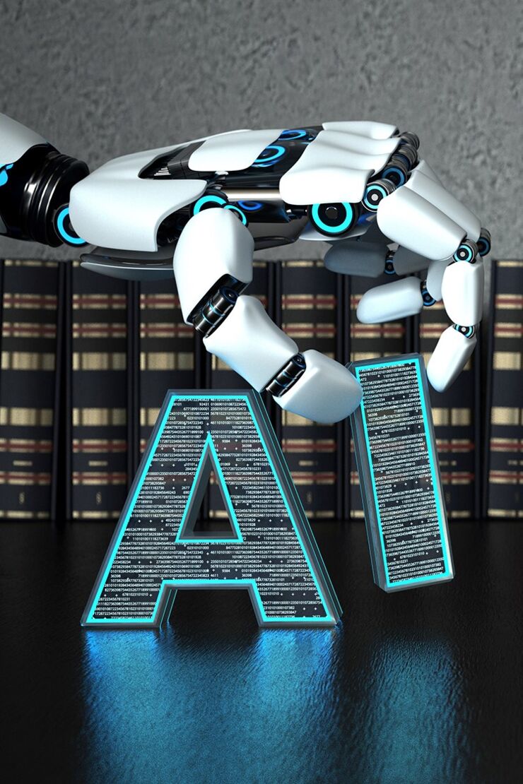 Bokstäverna AI står i bokhylla, robothand lyfter bokstaven i.