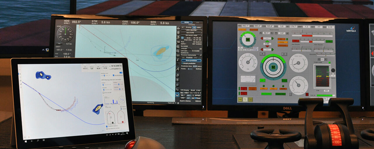 Command deck on a freight ship, monitors and controls