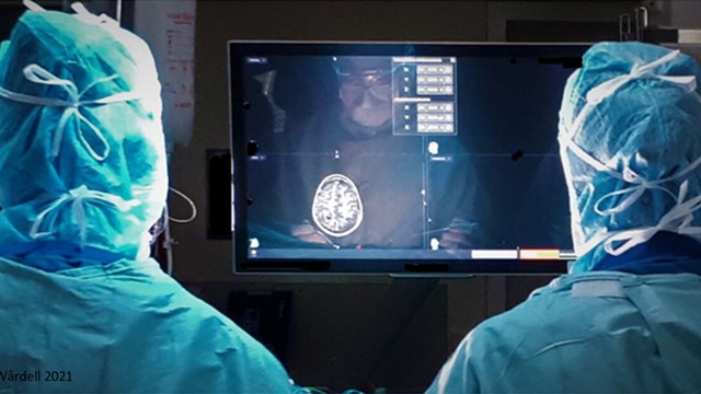 Två sjukvårdspersonal står framför en skärm där en genomlyst hjärna syns.