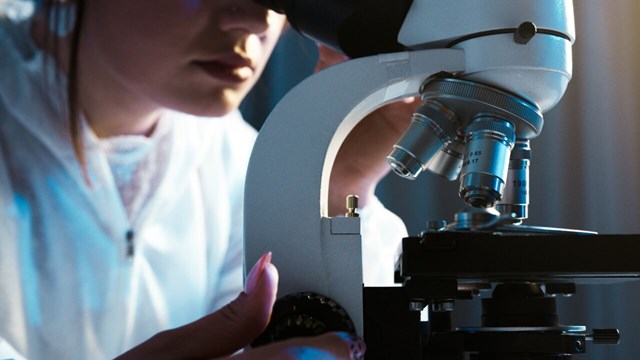 Student using a microscope.