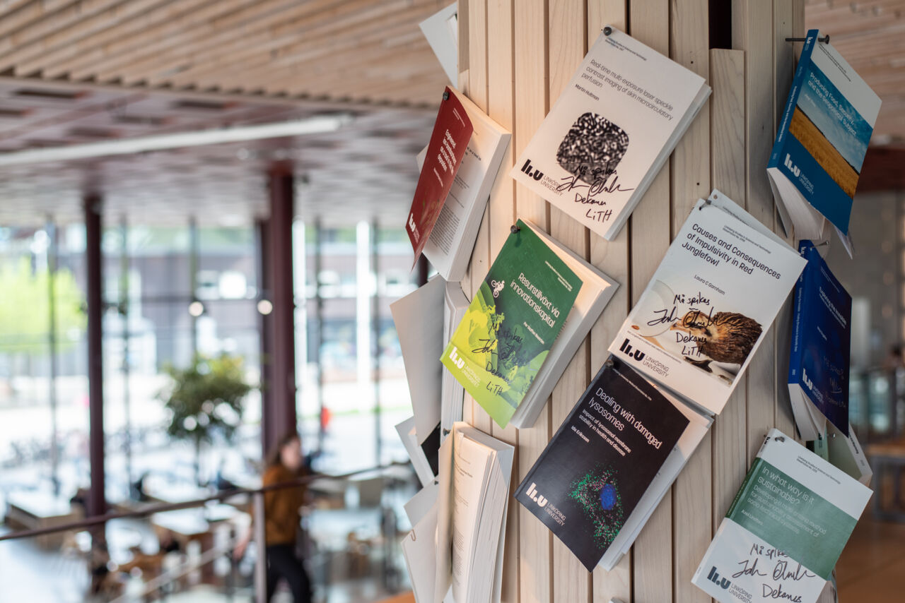 Dissertations nailed to a wooden surface.