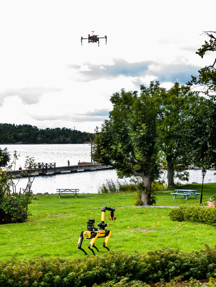 Quadruped robot on ground and quadrotor drone in the sky.