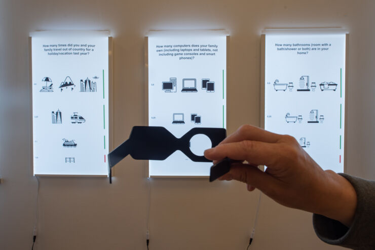 A pair of glasses in front of the part of the exhibition that shows a survey about, for example, how many bathrooms a student has.