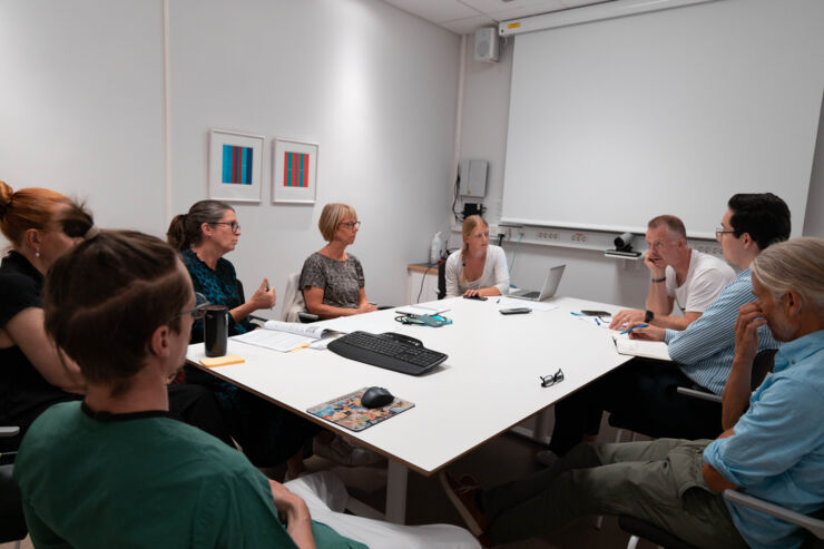 A group of people having a meeting in a conference room.