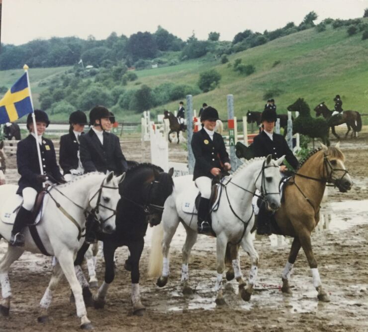 Horses and riders with Swedish flag.
