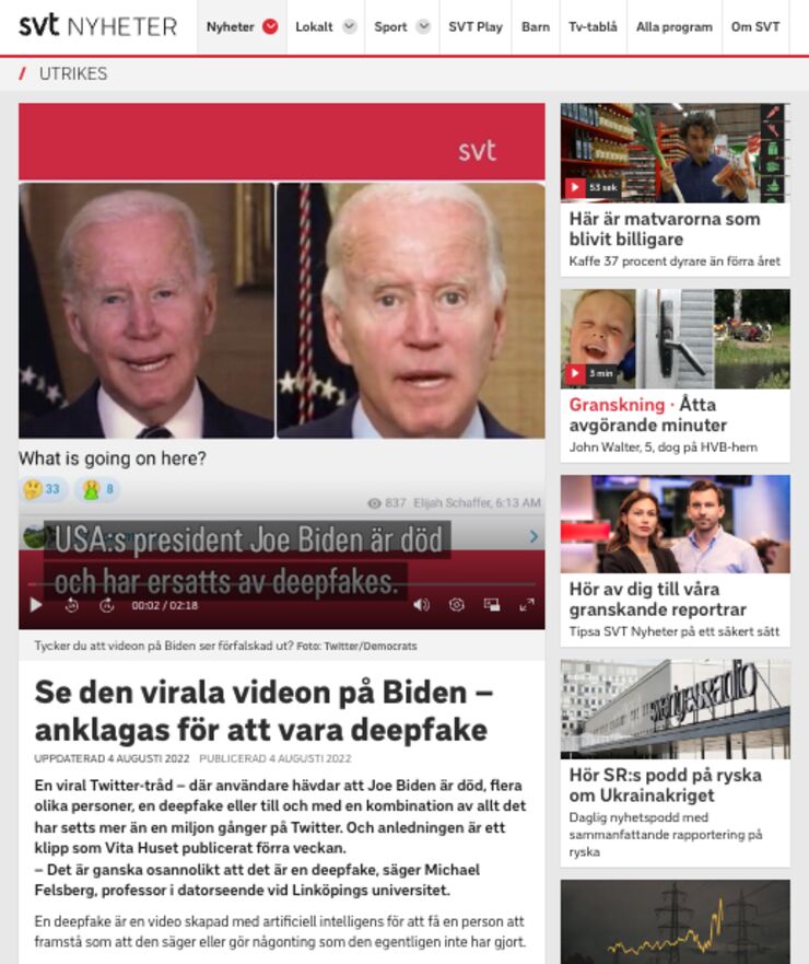 Inslag om deepfakes med Michael Felsberg i SVT. Skärmdump från svt.se.