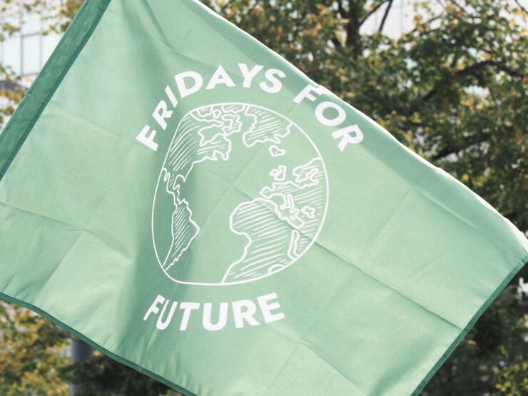 A bright green flag with an illustration of earth as well as the text 